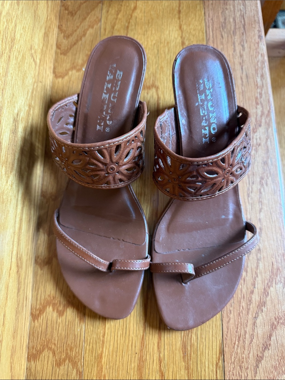 Bruno Magli Tan Brown Laser-Cut Leather Slide Sandals